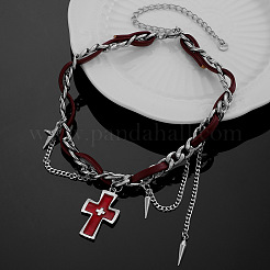 Vintage Alloy Cross Pendant Imitaiton Leather Double Layer Choker Necklaces with Punk Spike Tassel for Women&nbsp;WG01279-01