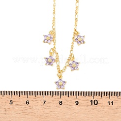 Brass Pave Lilac Cubic Zirconia Flower Pendant Figaro Chain Bib Necklaces for Women&nbsp;NJEW-F364-01G