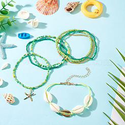 2 Bags Summer Beach Glass Seed Beaded & Natural Shell & Alloy Starfish Charm Anklet Sets&nbsp;AJEW-TA0003-69E