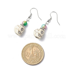 Synthetic Magnesite Skull with Acrylic Beaded Dangle Earrings&nbsp;EJEW-JE05054-01