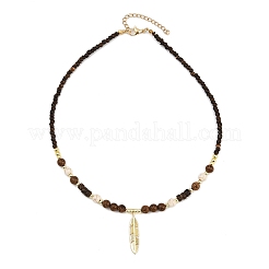 Dyed Synthetic Turquoise & Coconut & Wood Round Beaded Brass Feather Pendant Necklaces for Women&nbsp;NJEW-JN05460-01