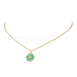 Brass Enamel Green Hexagon with Bee Pendant 304 Stainless Steel Cable Chain Necklaces for Women&nbsp;NJEW-JN05994