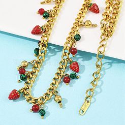 Natural Carnelian and Synthetic Malachite Round Beads and Red Strawberry Tassel 304 Stainless Steel Twisted Chain Necklaces&nbsp;NJEW-C092-03G