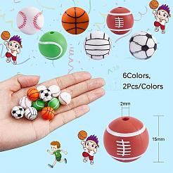 12Pcs 6 Style Basketball/Soccer/Tennis/Baseball/Rugby/Volleyball Silicone Beads&nbsp;JX308A-01