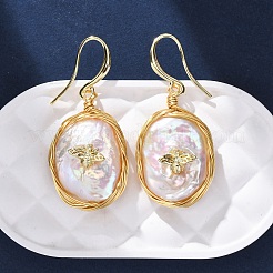 Oval with Insects Brass Baroque Pearl Dangle Earrings&nbsp;EJEW-Q043-03G