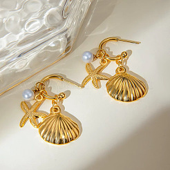 304 Stainless Steel Shell Shape with Starfish Dangle Stud Earrings&nbsp;QH4549