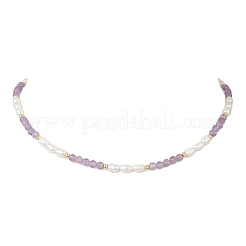 Faceted Round Natural Amethyst and Rice Natural Pearl Beaded Necklaces for Women&nbsp;NJEW-JN05816-03