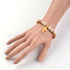 Cross Wood Beaded Stretch Charm Bracelets&nbsp;BJEW-JB02220