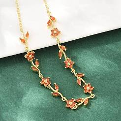 Brass Pave Cubic Zirconia Flower Link Chain Necklaces&nbsp;KK-CBA4547-18G-09