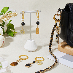 Natural Black Stone & Black Onyx & White Jade & Glass & Alloy Keychains&nbsp;KEYC-FH00085
