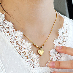 Vintage 304 Stainless Steel Textured Heart Pendant Round Snake Chain Necklaces for Women&nbsp;WG3DCED-01