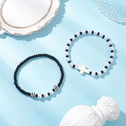 2Pcs 2 Styles ABS Plastic Imitation Pearl & Seed Beads Round Beaded Stretch Bracelets&nbsp;BJEW-JB12561