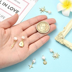 6Pcs 6 Styles Brass & Natural Pearl Flower Star Sun Pendants&nbsp;KK-CJ0002-77