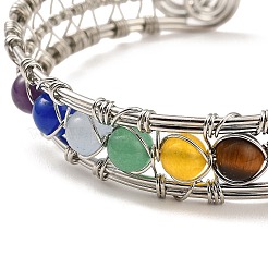 Natural Mixed Gemstone Round Beaded Open Cuff Bangle&nbsp;BJEW-F459-01M