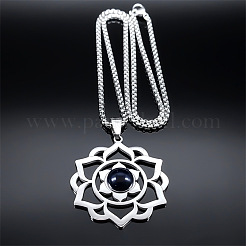 Chakra Lotus Flower 201 Stainless Steel Pave Synthetic Blue Goldstone Pendant Necklaces for Women&nbsp;NJEW-K283-26P