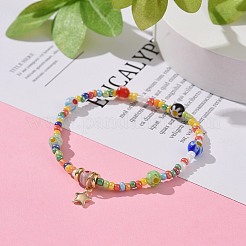 Seed & Millefiori Glass Beaded Stretch Bracelet with Brass Star Charms for Women&nbsp;BJEW-JB09355