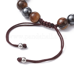 Natural Tiger Eye & Obsidian Round & Brass Cross Braided Bead Bracelets&nbsp;BJEW-JB09704-02