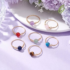 7Pcs 7 Styles Round Chakra Natural & Synthetic Gemstone Beads Finger Rings&nbsp;RJEW-JR00793-02