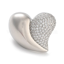 Brass Micro Pave Clear Cubic Zirconia Heart Open Cuff Ring for Women&nbsp;RJEW-C102-11P