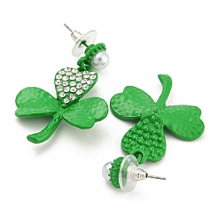 Saint Patrick's Day Zinc Alloy Clover Dangle Stud Earrings with Rhinestones&nbsp;EJEW-Q784-03P-01