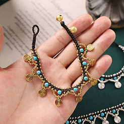 Bohemian Style Alloy Brass Disc Tassel Waxed Cord Anklets for Women&nbsp;FS-WGC5E81-02