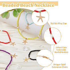 5Pcs 5 Colors Alloy Starfish Boho Pendant Necklaces Set with Glass Beaded Chains&nbsp;NJEW-FI0001-39