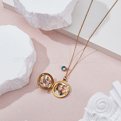 Stainless Steel Pave Natural White Shell Flat Round Magnetic Locket Pendant Necklaces for Women&nbsp;NJEW-NB00012