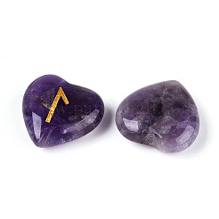 25Pcs Natural Amethyst Heart Rune Stones with Elder Futhark Alphabet Engraved&nbsp;G-T144-02A