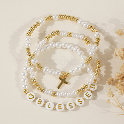 3Pcs Imitation Pearl Letter & Metal Cross Multi-Strand Bracelet Sets&nbsp;NP1361