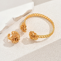 Elegant Brass Flower Cuff Ring & Bangle Set for Women&nbsp;YN2787