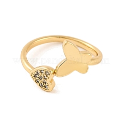 Butterfly & Heart Brass Micro Pave Cubic Zirconia Open Cuff Ring for Women&nbsp;RJEW-U003-02G