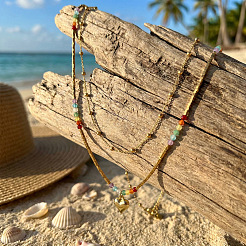 Rainbow Natural Mixed Stoned Beaded Double Layer Necklaces with Stainless Steel Heart Pendant for Beach Vacation&nbsp;KB9378-1