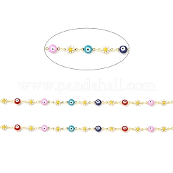 Handmade Brass Enamel Flower & Evil Eye Link Chain&nbsp;CHC-D032-02G-02