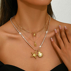 Boho Summber Beach Alloy Crystal Rhinestone Starfish Shell Shape Pendant 3 Layer Necklaces for Women&nbsp;WG7EBB2-01