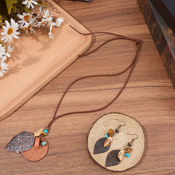 Bohemian Style Leaf Alloy & Wood Pendant Necklaces & Dangle Earrings Sets&nbsp;SJEW-CL0001-03
