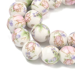 Handmade Flower Printed Porcelain Ceramic Beads Strands&nbsp;PORC-M007-10mm-07
