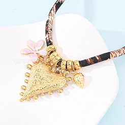 304 Stainless Steel Enamel Pink Flower Heart Pendant Leopard Print Polyester Cord Necklaces for Women&nbsp;NJEW-F352-04G