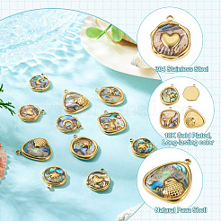 12Pcs 6 Styles 304 Stainless Steel Pave Natural Paua Shell Pendants&nbsp;STAS-TA0005-90