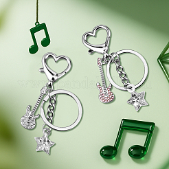 4Pcs 2 Colors Alloy Rhinestone Guitar & Acrylic Star Pendant Keychain&nbsp;KEYC-HY0001-33