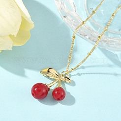 Brass Resin Fruit Cherry Pendant Satellite Chain Necklaces for Women&nbsp;NJEW-D306-02G-A