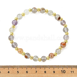 Round Natural Rutilated Quartz & Beass Beaded Stretch Bracelets for Women&nbsp;BJEW-JB14055