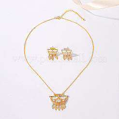 Brass Micro Pave Clear Cubic Zirconia Crescent Moon Tassel Pendant Necklaces and Stud Earrings Sets for Women&nbsp;PB9460