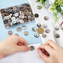 200Pcs 2-Hole Flat Round Natural Black Shell Buttons&nbsp;SHEL-HS0001-04