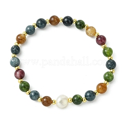 Natural Green Jade Imitation Tourmaline & Freshwater Pearl & Brass Round Beaded Bracelets for Women&nbsp;BJEW-JB13931