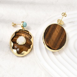 Brass & Natural Tiger Eye Dangle Stud Earrings&nbsp;G-B186-04G