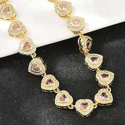 Brass Pave Pink Cubic Zirconia Heart Tennis Necklaces&nbsp;KK-CBA4547-17B-G