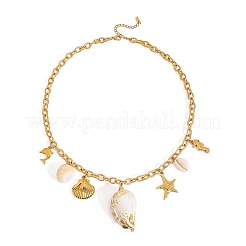 304 Stainless Steel with Natural Shell Starfish Sea Horse Pendant Bib Necklaces for Women&nbsp;FS-WG01E94-02