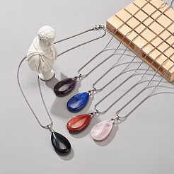 5Pcs 5 Style Natural Mixed Gemstone Teardrop Pendant Necklace Set with 304 Stainless Steel Chains for Women&nbsp;NJEW-JN04062