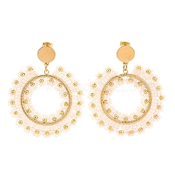 Woven Glass & Brass Beaded Donut Dangle Stud Earrings&nbsp;EJEW-A105-05G-01