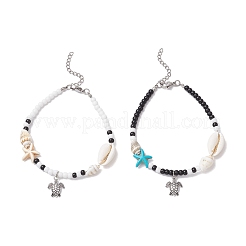 2Pcs 2 Styles Summer Beach Synthetic Turquoise Starfish & Natural Cowrie Shell & Glass Seed Round Beaded Alloy Turtle Charm Anklets&nbsp;X1-AJEW-TA00038